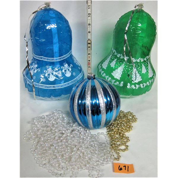 2 inflatable xmas bells - 6" decorative ball, crystal & gold bead strings