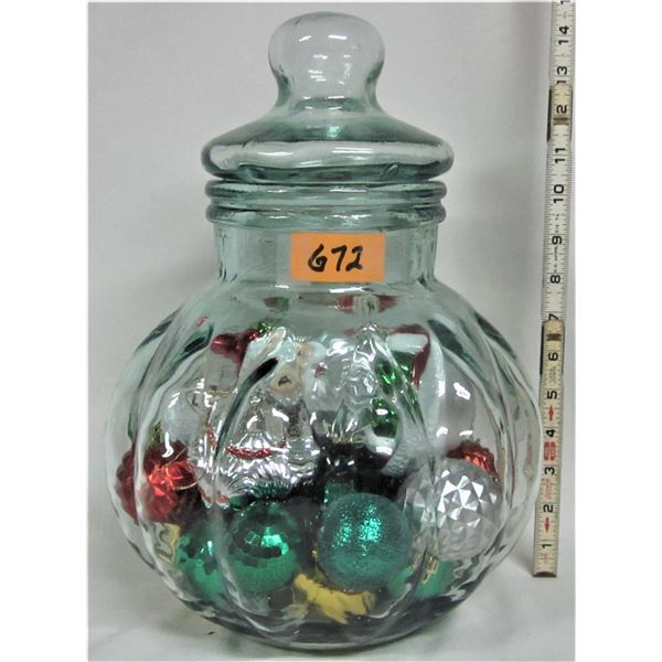 14" Ornate glass container with lid plis 20 assorted unbreakable christmas decoration