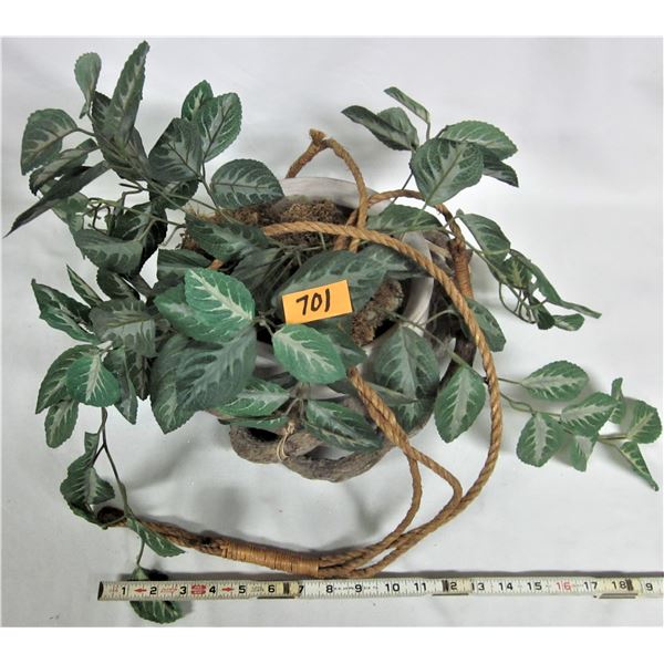 Artificial hanging plant 9" ceramic pot woven wood base