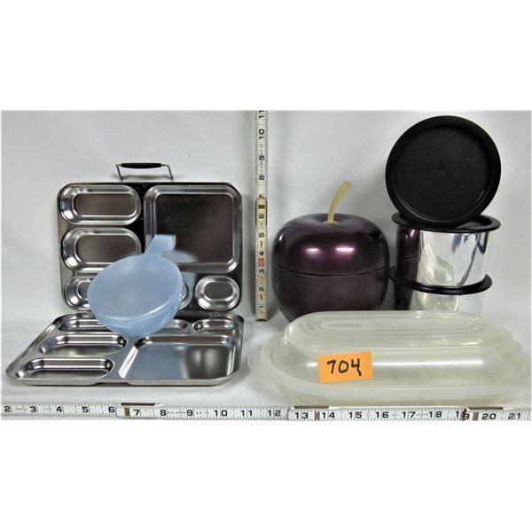 Assorted Tupperware & Rubbermaid containers & metal storage tray and purple tin apple