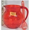 Vintage transparent plastic red smiling face Kool-Aid jug with stir spoon