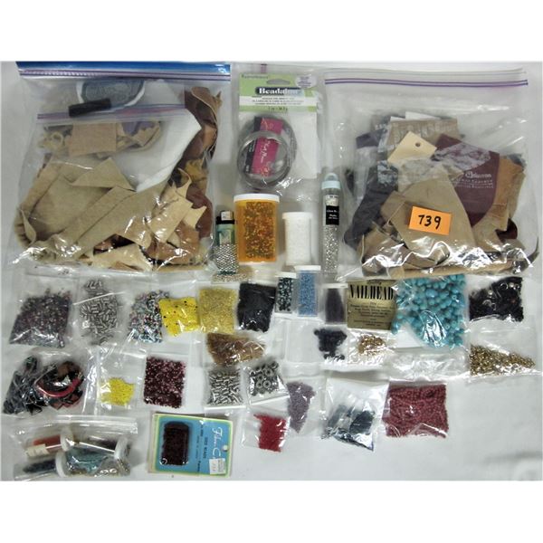 Large assorted beading supplies, scrap leather & assorted beads