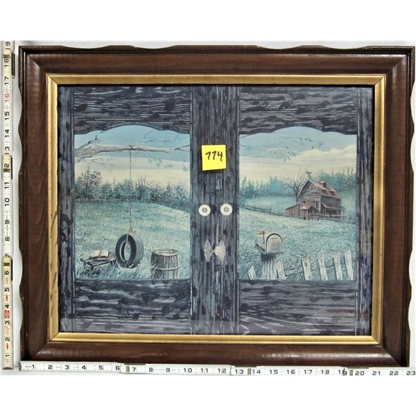 Vintage 16" X 20" window frame farm scene wooden framed print