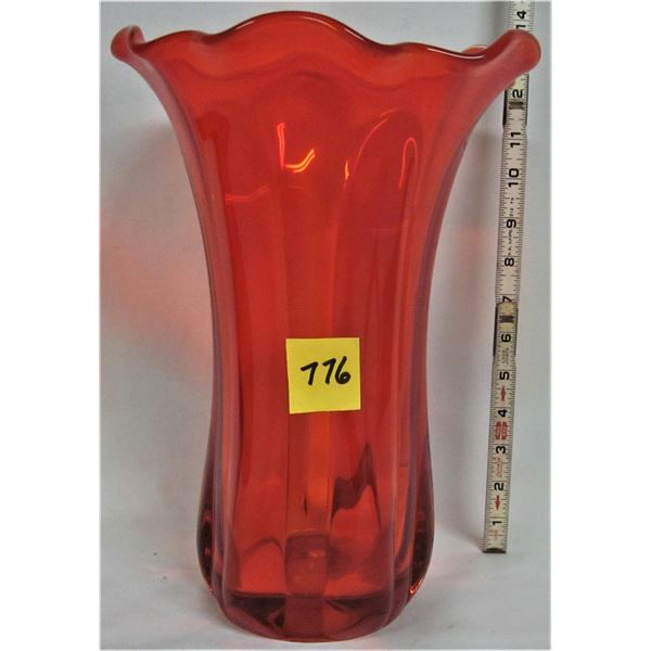 13" tall vintage orange blown art glass scalloped rim vase - very heavy