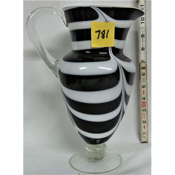 Fancy black and white striped glass 10.5" pitcher