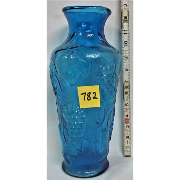 Tr. Blue 12.5" glass vase embossed with grape clusters