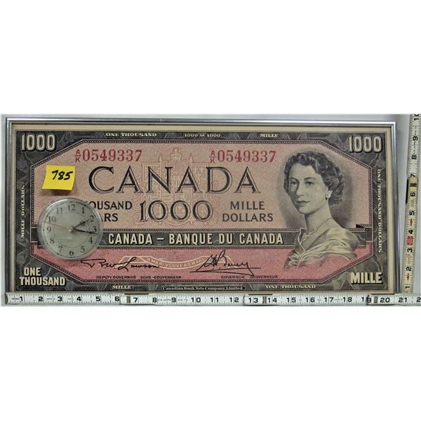 Rare framed 20" X 10" $1000.00 battery operated clock