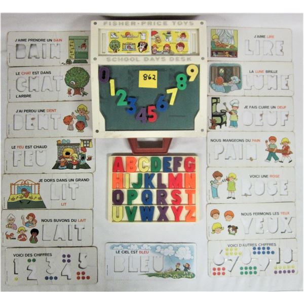 1970's Vintage Fisher Price #176 School days play desk with letter and number cards rare French card