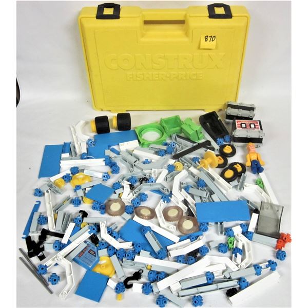 1980's Vintage Fisher Price Construx lot / rare yellow plastic storage carry case