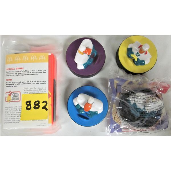 Set of all 4 1996 Mighty Ducks happy meal toys plus new sealed McDonalds Concord 110 camera/film