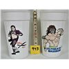 2x 1989 WWF 7" Plastic Drinking Glass (BRUTUS "Barber" BEEFCAKE + ULTIMATE WARRIOR)