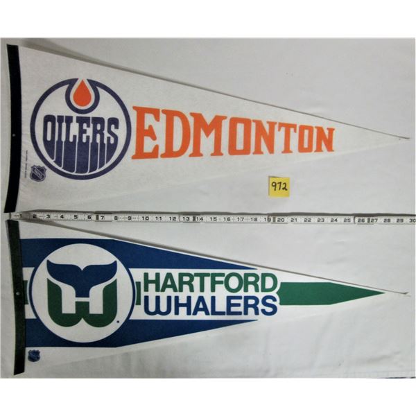 2 Vintage 30" NHL Felt Pennants (Edmonton Oilers) + (Hartford Whalers)