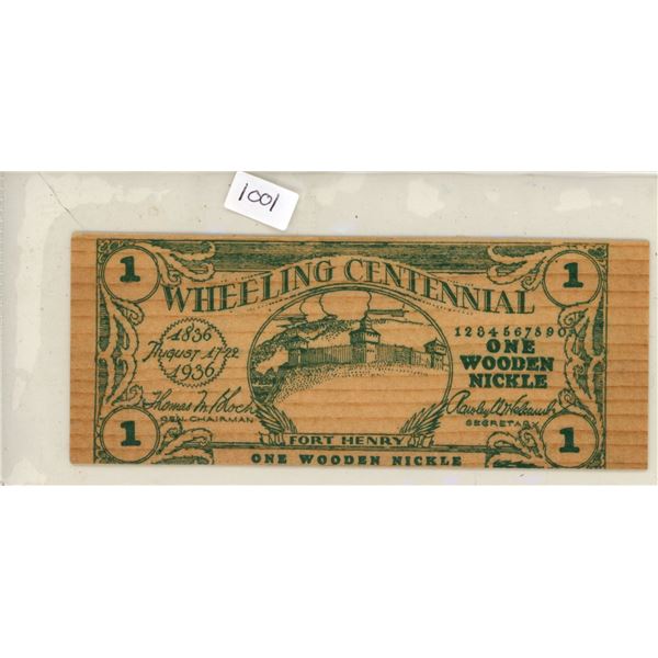 1936 Wheeling, West Virginia One Wooden Nickel. Issued to commemorate the 100th Anniversary of Wheel