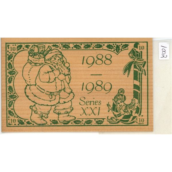 1988 – 1989 Merry Christmas Wooden Nickel issued by George & Mamie Parfet of Temple, Pennsylvania. S