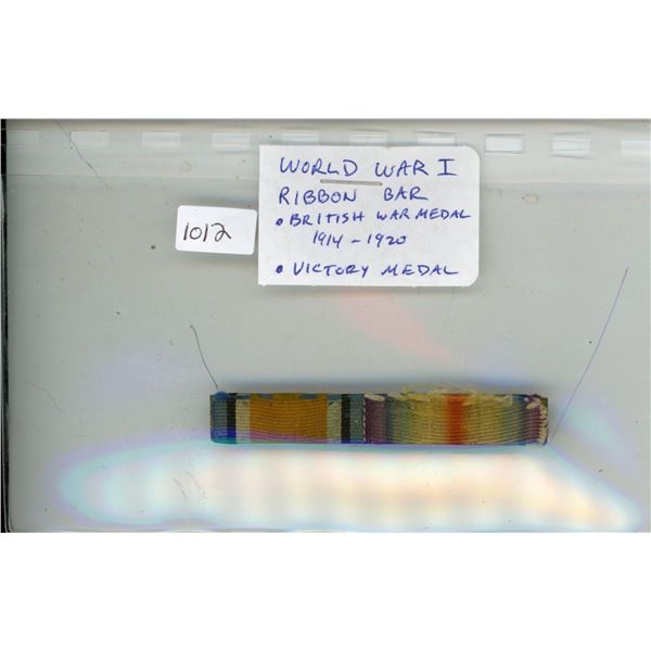 World War I Ribbon Bar. Has 2 ribbons: British War Medal 1914 – 1920 and Victory Medal.