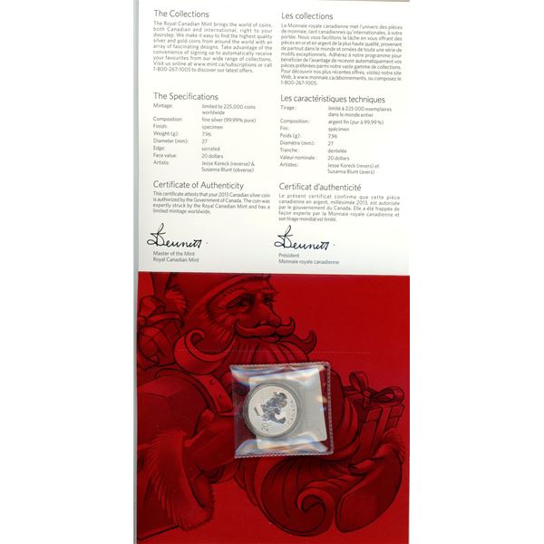 2013 Santa Silver $20. .9999 pure silver. Housed in folder of issue.