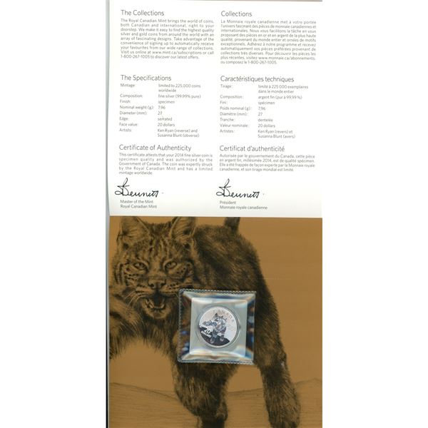 2014 Lynx Silver $20. .9999 pure silver. Housed in folder of issue.