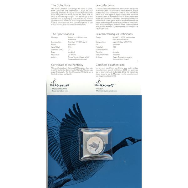 2014 Flying Canada Goose $20. .9999 pure silver. Housed in folder of issue.