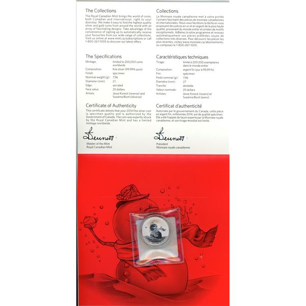 2014 Snowman Silver $20. .9999 pure silver. Housed in folder of issue