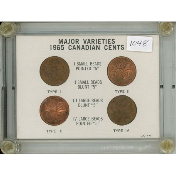 Set of 4 Major Varieties of 1965 Canadian Cents. Small Beads Pointed 5, Small Beads Blunt 5, Large B