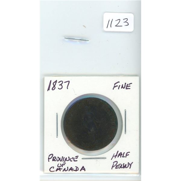 1837 Province of Canada 1/2 penny token