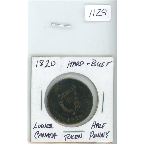 Rare 1820 Harp & Bust Lower Canada 1/2 penny