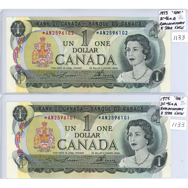 Lot of 2 1973 * replacement $1 bills in sequence