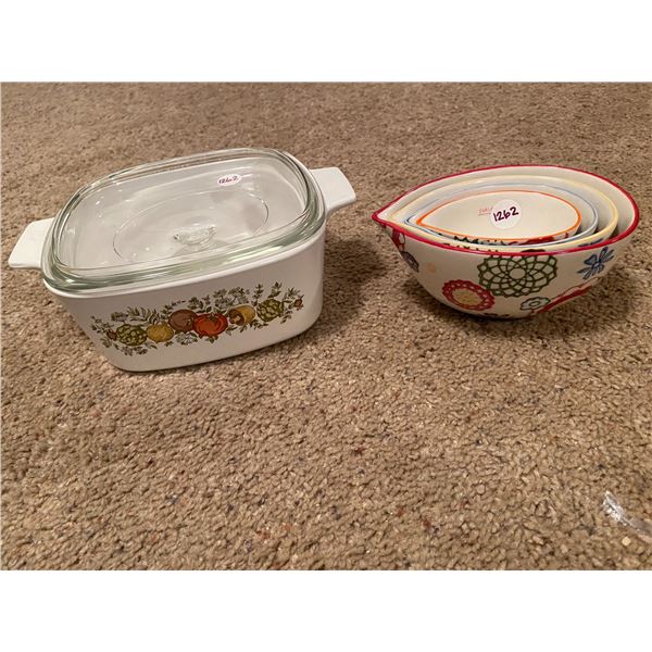 Corningware casserole dish & unique glass of measuring cups