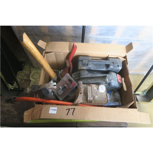 Box of Misc. Items Including Tool Cases And Hammers