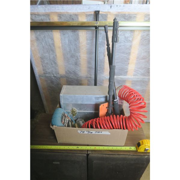 Box of Misc. Items Including Tool Box, Duck Call, Glass Insulator