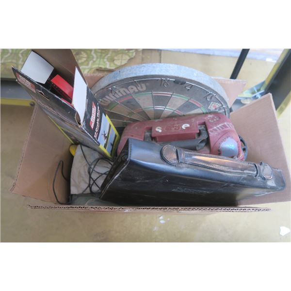 Box of Misc. Items Including Dart Board, & Clay Target Thrower