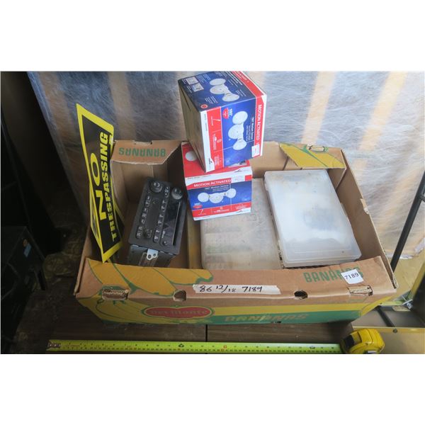 Box of Misc. Motion Lights, Car Stereo And More!