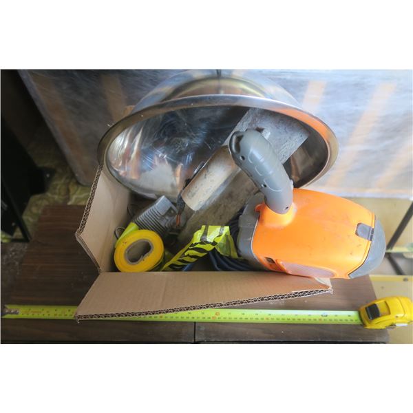 Box of Misc, Items Including Stainless Bowl, Flashlight, And Caution Tape