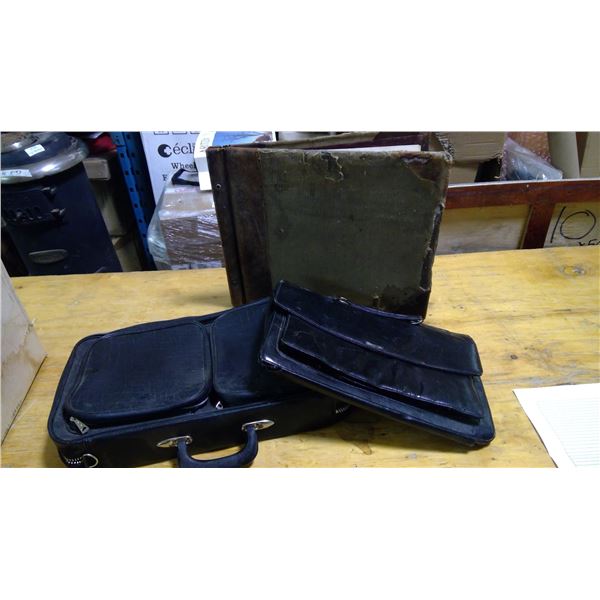 2 soft briefcases and 1 ledger book (old)