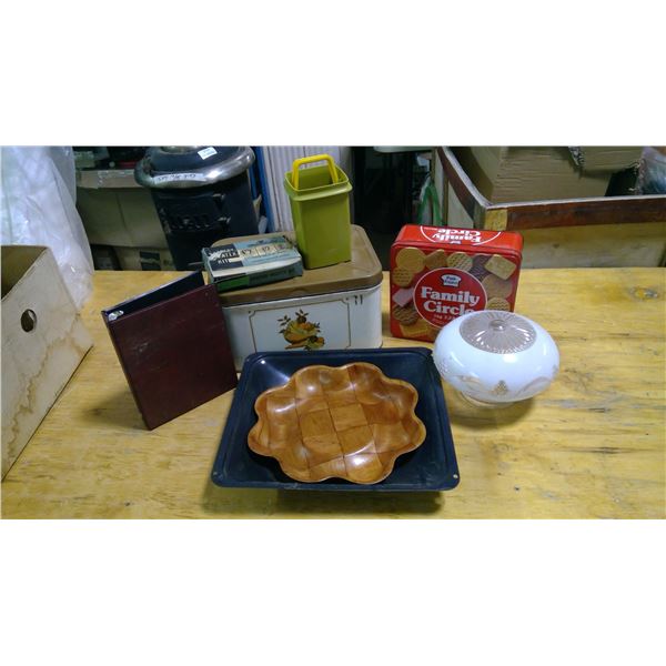 Box of kitchen items, photo album