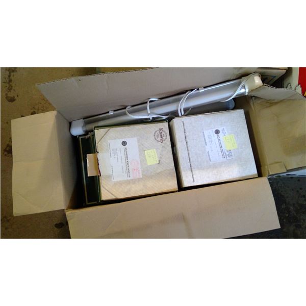 Box of collector's plates various designs and under the counter light