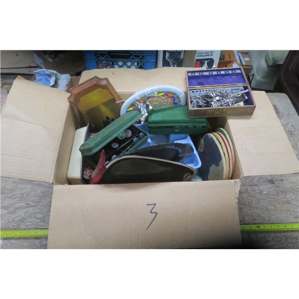 Box of Misc. Items Including Ping Pong Paddles Singer Sewing Machine Parts