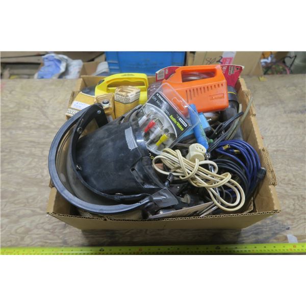 Box of Misc. Items Including Face Shield, Flashlights, And More