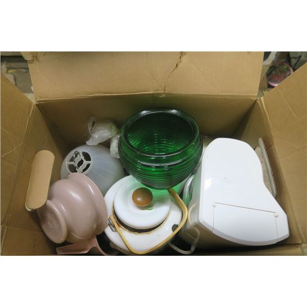 Box of Misc. Kitchenware Including Coffee pot, Teapot and Glass Bowl