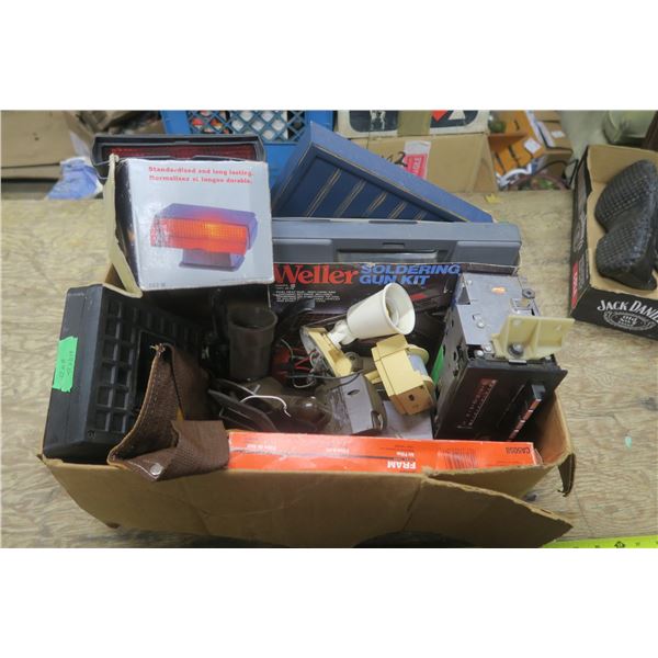 Box of Misc. Including Soldering Gun kit and Auto Lighting