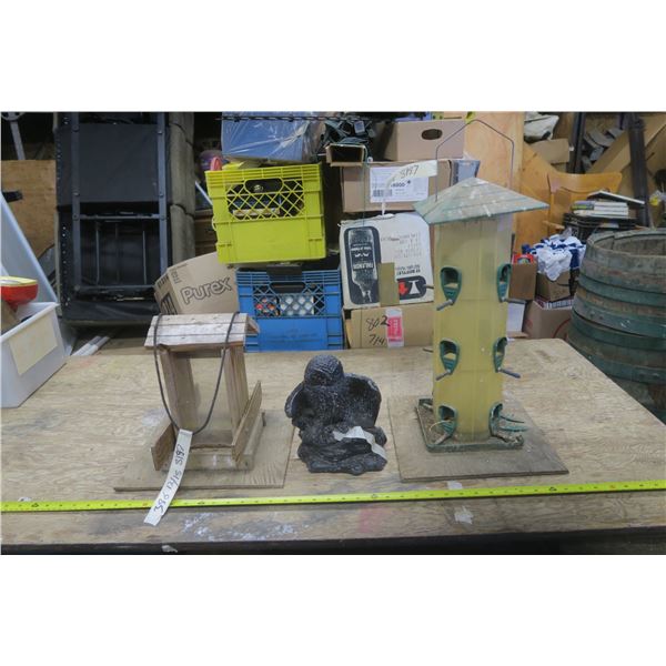 2 Bird Feeders & Soapstone Owl Carving