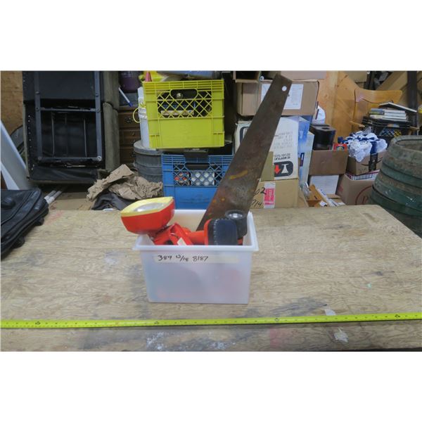 Box of Flashlights and Hand Saw