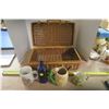 Image 1 : Wicker Basket & Mugs, and Blue Glass Bottle