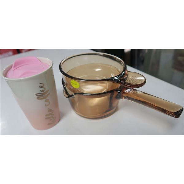 Pink "Hello Coffee" Mug w/ Travel Lid (Never Used) + Glass Double Boiler - Kitchenware