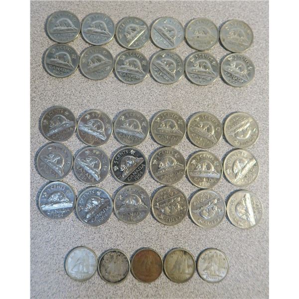 CAN Coin Lot - 30 x Nickels (12-1964, 12-1965); 5 Dimes ('61,'63,'64,'65 x2)