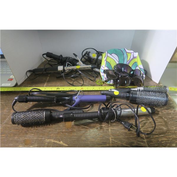 Box of Misc. Haircare Products, Brushes Irons Etc