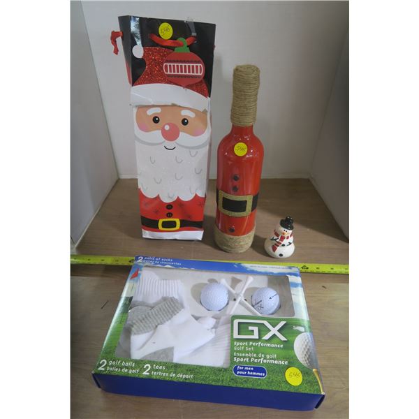 Santa Bag, Wine Bottle, Snowman Decoration and A Gift for a Golfer