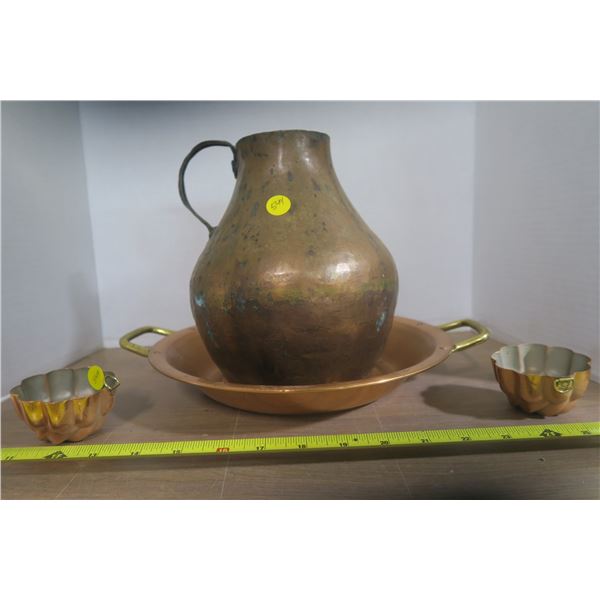 Copper Pitcher and Basin W/ 2 Small Cups