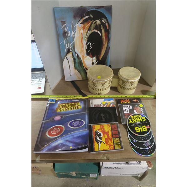 Wood Bongos, Pink Floyd Wall Art, Bass Tab Book and CDs