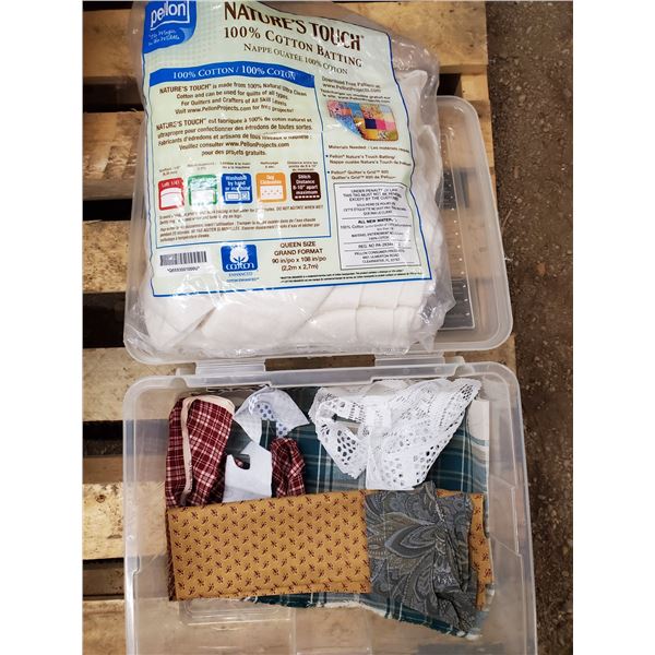PLASTIC TUB W/ COTTON BATTING & MISC FABRICS